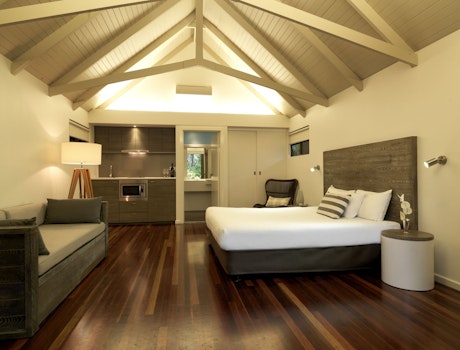Inside a Palm Bungalows room with kitchenette - Hamilton Island bungalows